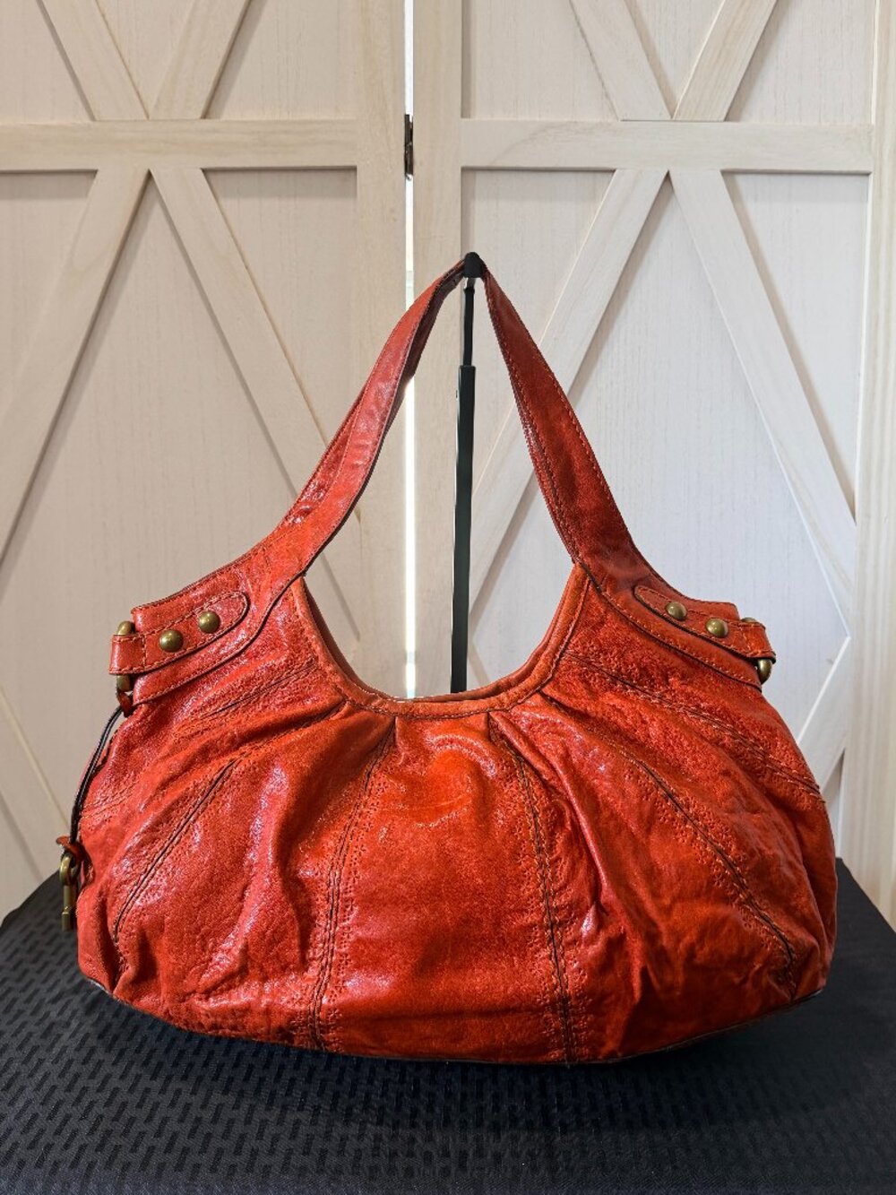Fossil Burnt Orange Leather Hobo Shoulder Bag Boho Vintage Style